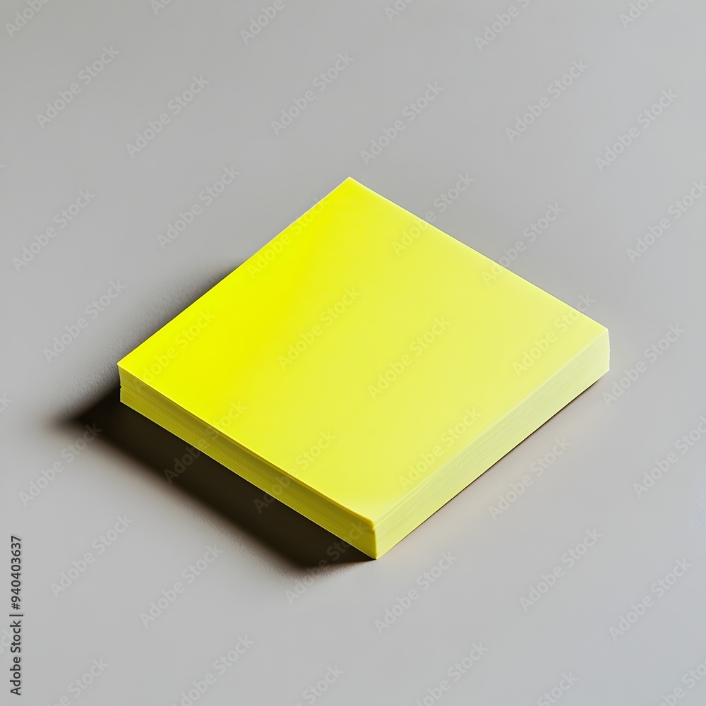 Poster closeup of a neon yellow sticky note pad placed at the center of a clean light colored surface creat