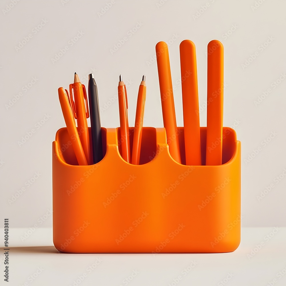 Poster a bright orange desk organizer placed at the center of a plain surface showcasing a minimalist and m