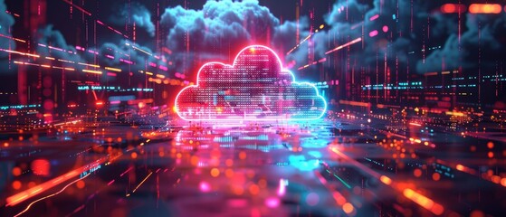 Fototapeta premium Futuristic Cloud Computing Concept in Vibrant Hologram with Synchronized Data Transfer Technology