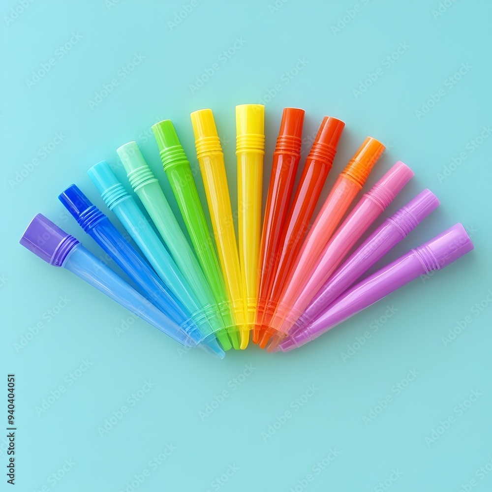 Poster colorful set of highlighters arranged in a symmetrical fan shape isolated on a plain background surf