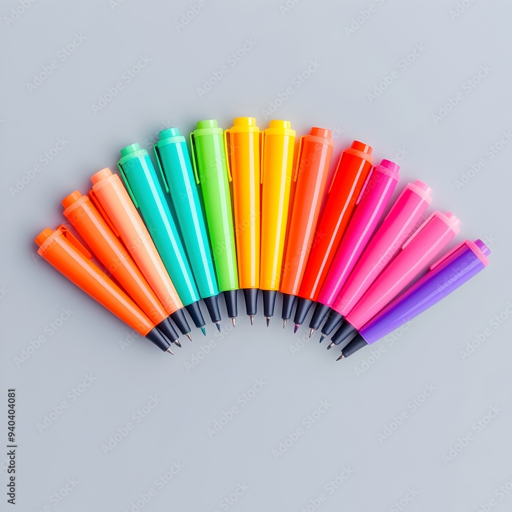 Aufkleber a colorful set of highlighter pens arranged in a fan shape at the center isolated on a plain surface