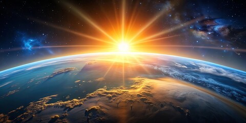 Planet earth with a stunning sunrise in the vastness of space, earth, planet, space, sunrise, morning, dawn, sun © Triple P