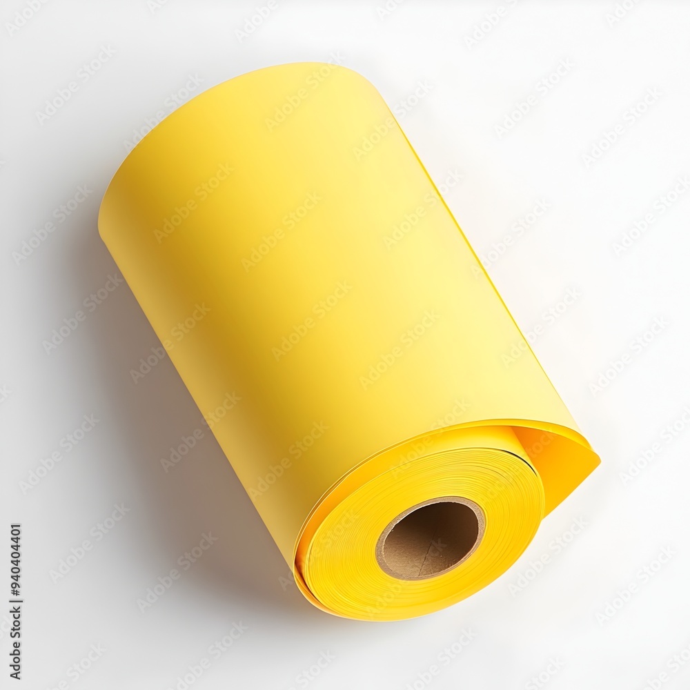 Poster minimalist composition of a yellow sticky note roll placed at the center of a clean white background