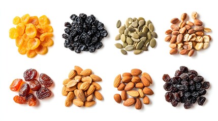 Obraz premium 80. An assortment of dried fruit and nut seeds isolated on a white backdrop