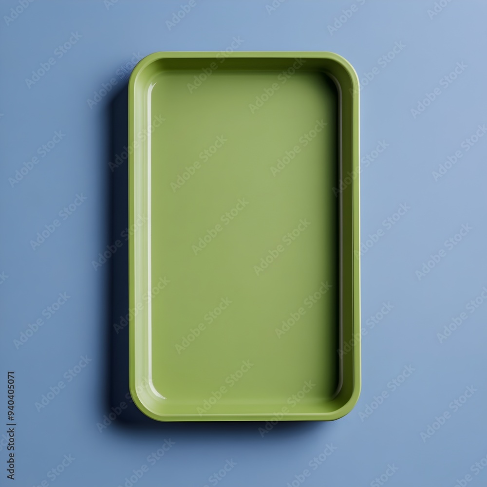 Poster a simple and elegant green desk tray sitting at the center of a plain neutral colored surface the tr