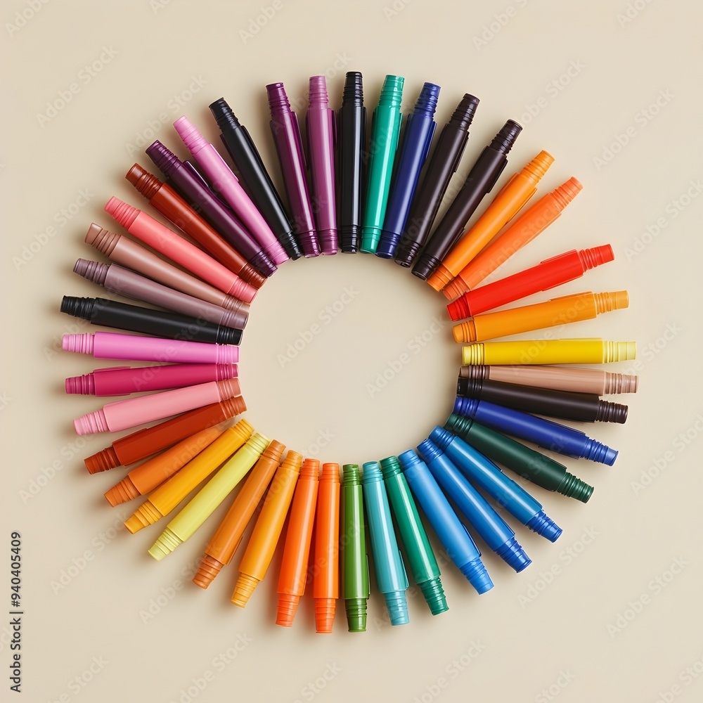 Poster a striking arrangement of a diverse set of colorful markers positioned in a circular formation isola