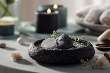 A Spa Stone Beauty Treatment with Essential Oils and sea salts. generative ai.
