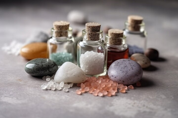 A Spa Stone Beauty Treatment with Essential Oils and sea salts. generative ai.