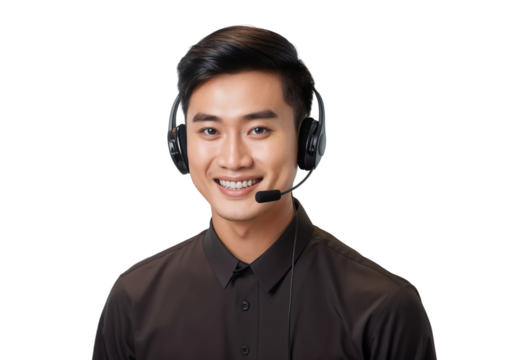 Smiling male call center operator worker with a headset, isolated on transparent background