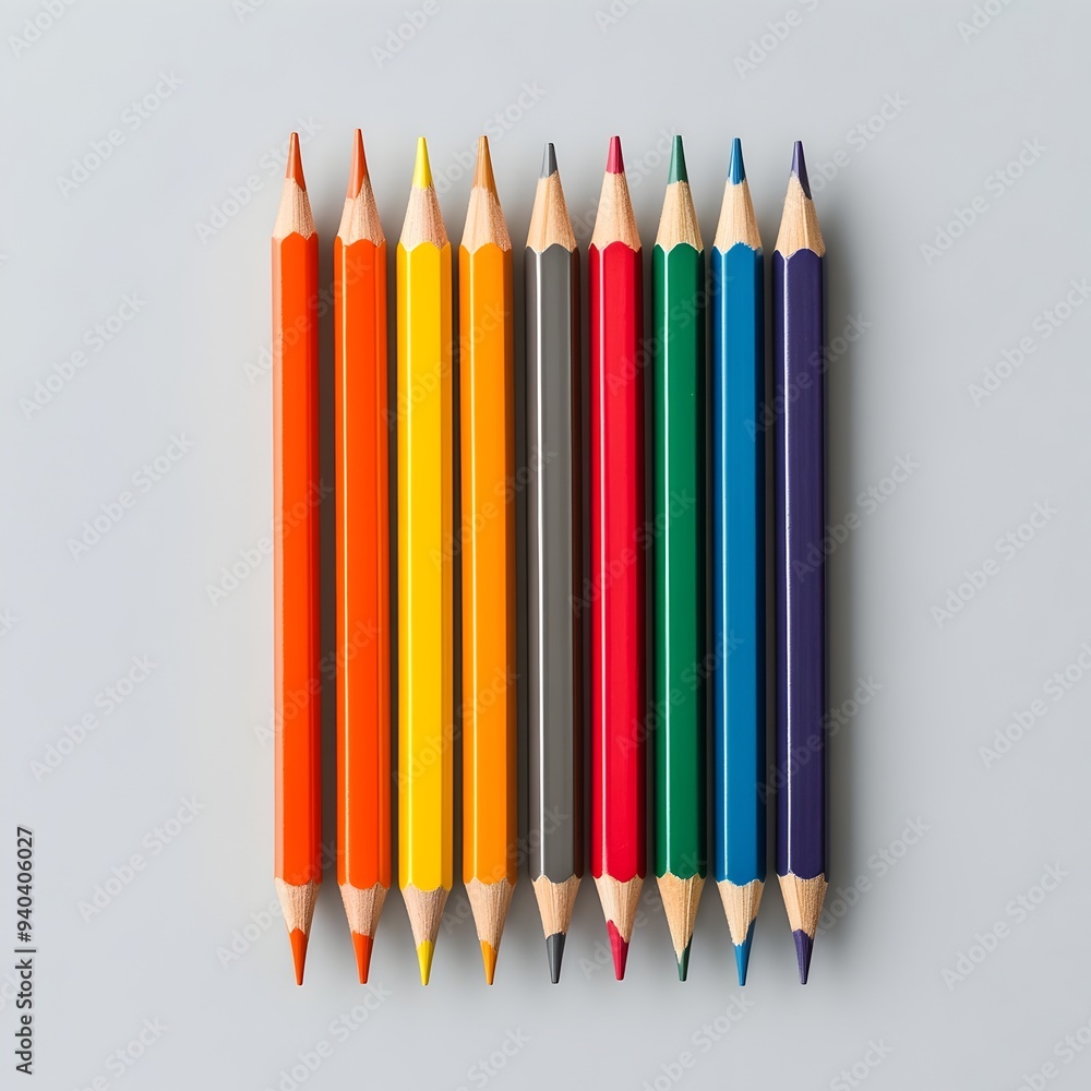 Poster a visually striking arrangement of a row of vibrant multicolored pencils set against a plain minimal