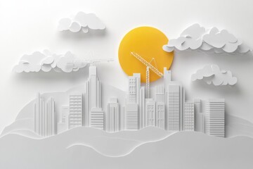 Obraz premium paper cut style white background construction site in city yellow sun above building