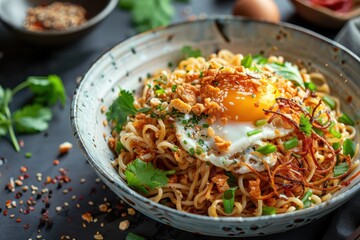 Spicy Noodles with Fried Egg and Crunchy Toppings