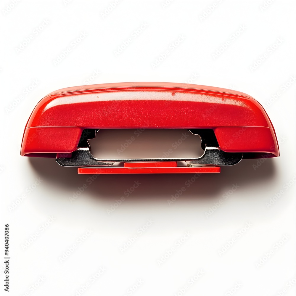 Poster closeup of a bright red stapler placed at the center of a minimalist white background showcasing the
