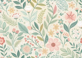 Delicate, intricate floral patterns and ornate botanical elements adorn a elegant, minimalist vector design with soft pastel hues and subtle texture in a whimsical illustration.