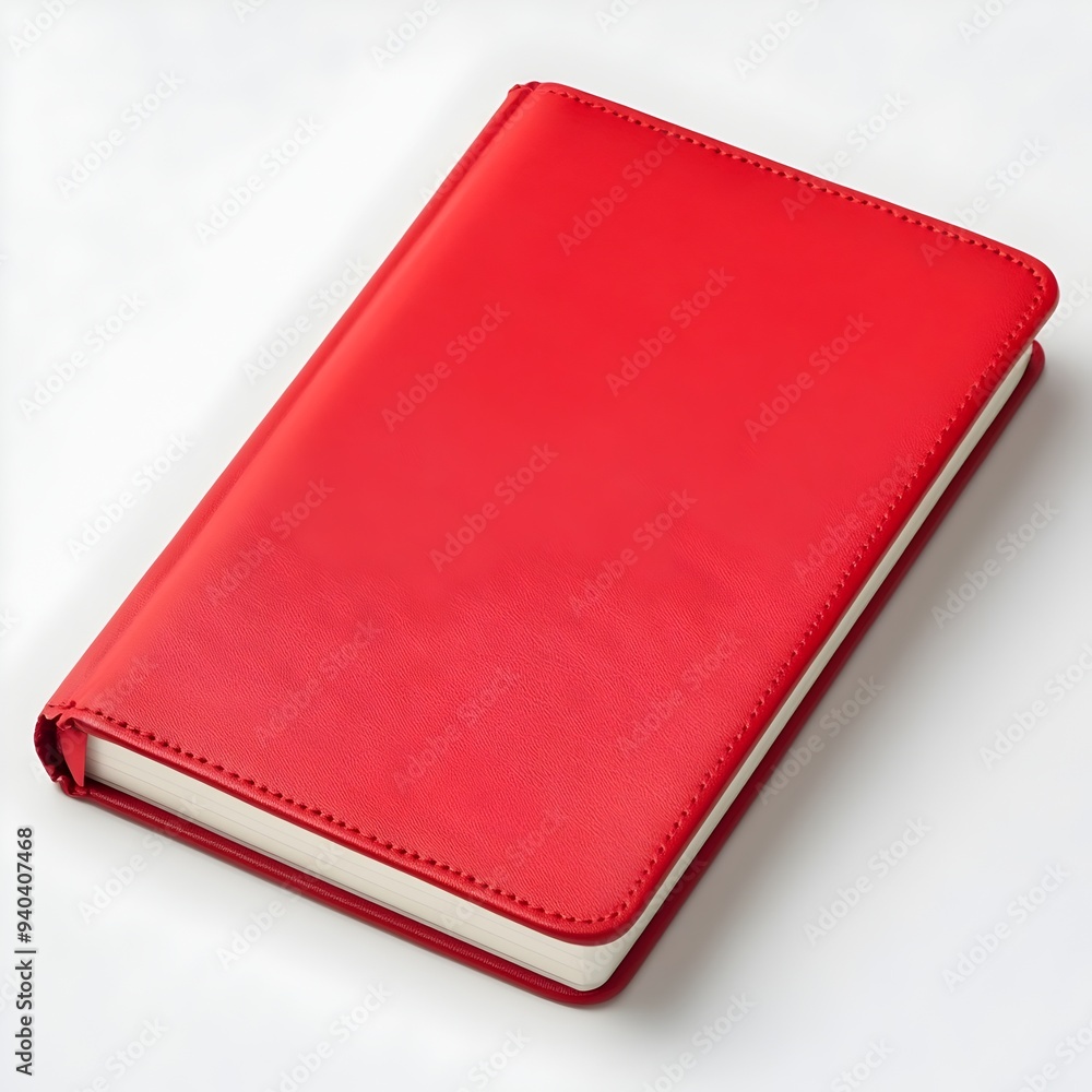 Poster a closeup photograph showing a red hardcover notebook placed at the center of a plain white backgrou