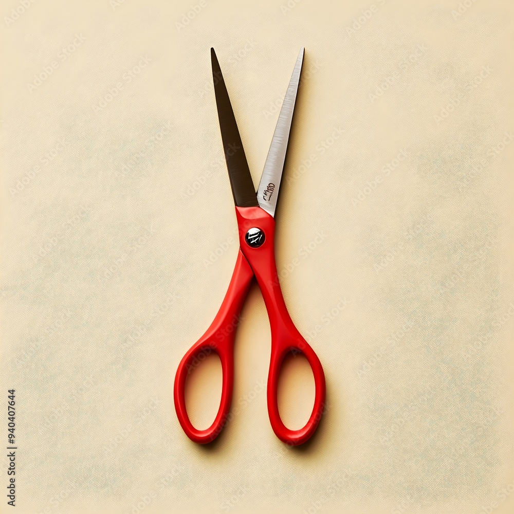 Poster a pair of red scissors placed at the center of a plain background showcasing the sharp minimalist de
