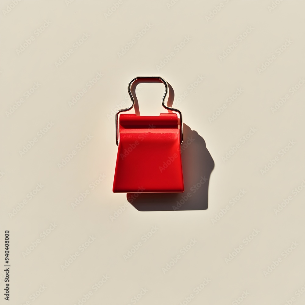 Poster close up shot of a vibrant red binder clip centered and isolated on a light colored surface capturin