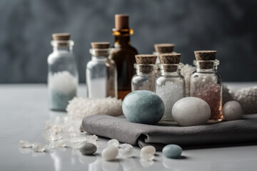 A Spa Stone Beauty Treatment with Essential Oils and sea salts. generative ai.