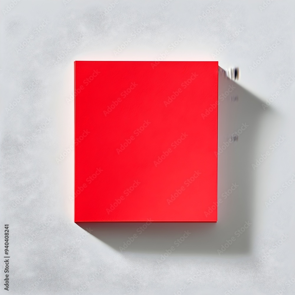 Poster red sticky note pad placed at the center of a clean white surface with a minimalist flat lay design 