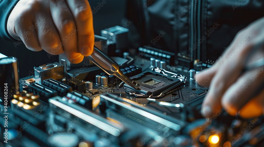 Poster technician repairing computer motherboard with precision, using screwdriver to replace components an