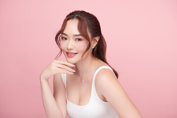 Beautiful young asian woman with clean fresh skin on pink background, Face care, Facial treatment, Cosmetology, beauty and spa, Asian women portrait.