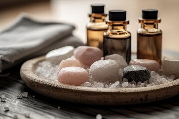 A Spa Stone Beauty Treatment with Essential Oils and sea salts. generative ai.