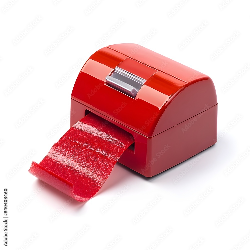Poster closeup of a striking red tape dispenser positioned centrally on a plain white studio background sho