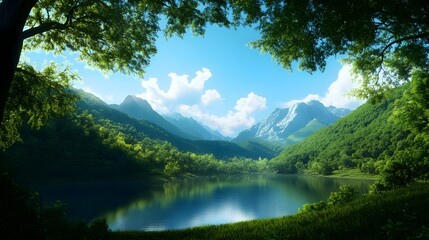 A serene landscape showcasing a peaceful lake surrounded by lush mountains and vibrant greenery under a clear blue sky.