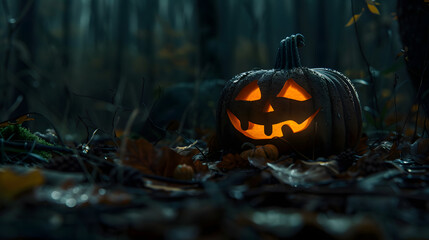 A glowing jack-o'-lantern with a friendly smile, sitting on the forest floor amidst fallen leaves, creating a cozy yet eerie atmosphere in the dark woods, perfect for Halloween.