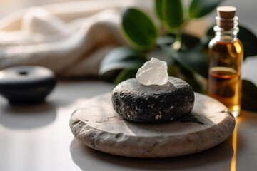 A Spa Stone Beauty Treatment with Essential Oils and sea salts. generative ai.