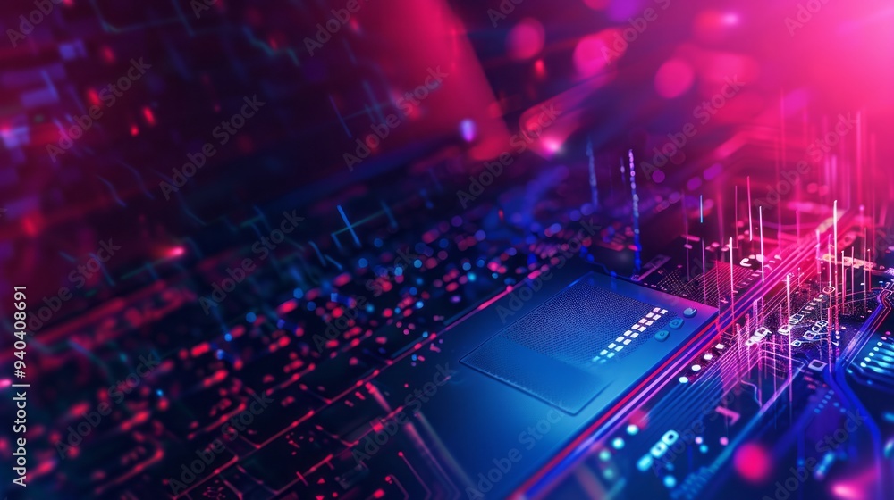 Poster modern technological abstract background featuring a sleek laptop on a digital network grid with geo