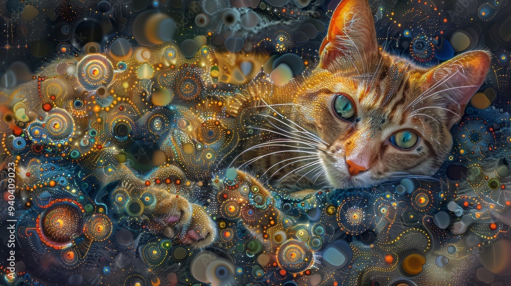 Aufkleber innovative digital artwork of a diligent cat hard at work, rendered by neural network technology, se