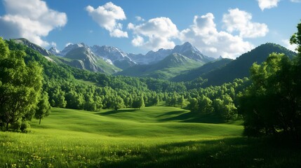 Obraz premium Breathtaking landscape featuring lush green hills, majestic mountains, and a clear blue sky filled with fluffy clouds.
