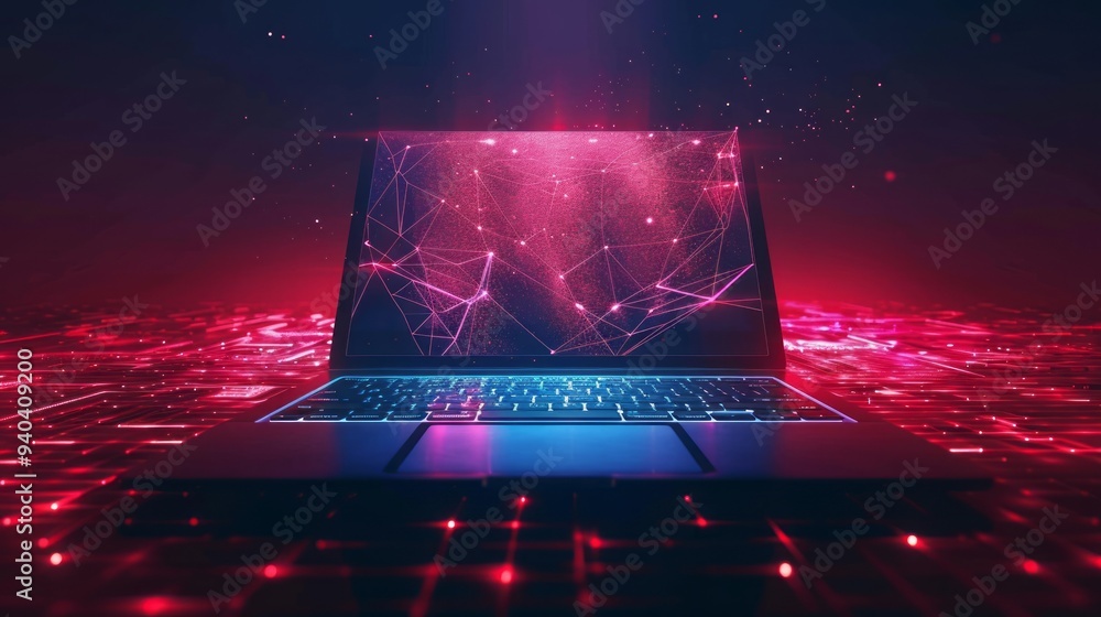 Aufkleber modern technological abstract background featuring a sleek laptop on a digital network grid with geo