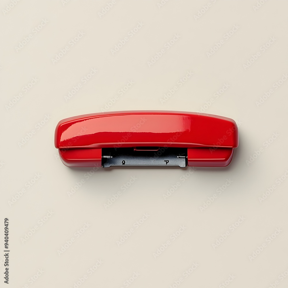 Poster closeup of a vibrant red stapler lying flat at the center of a plain simple background perfect for b