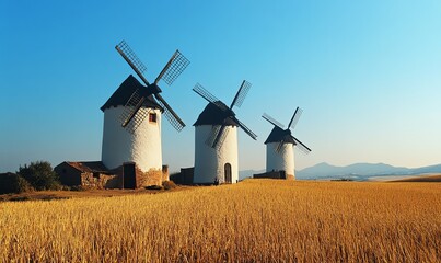 Fototapeta premium Three white windmills stand tall against a blue sky, overlooking a field of golden wheat.