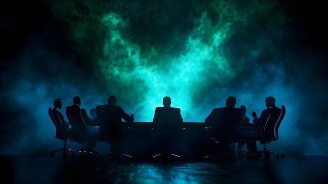 Mysterious silhouettes gathered around a table, illuminated by an ethereal blue fog, creating a dramatic and suspenseful atmosphere.