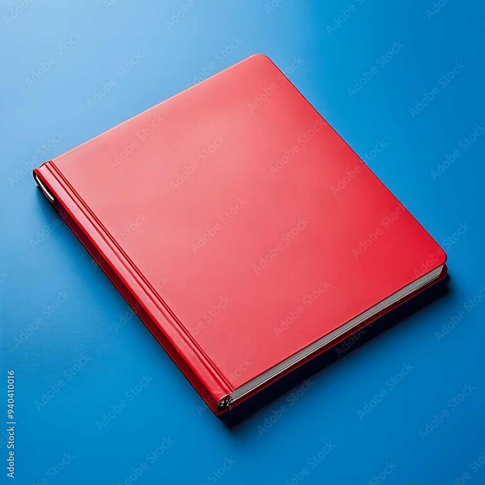 Poster a simple minimalist photograph of a red binder lying flat at the center of a plain isolated surface 
