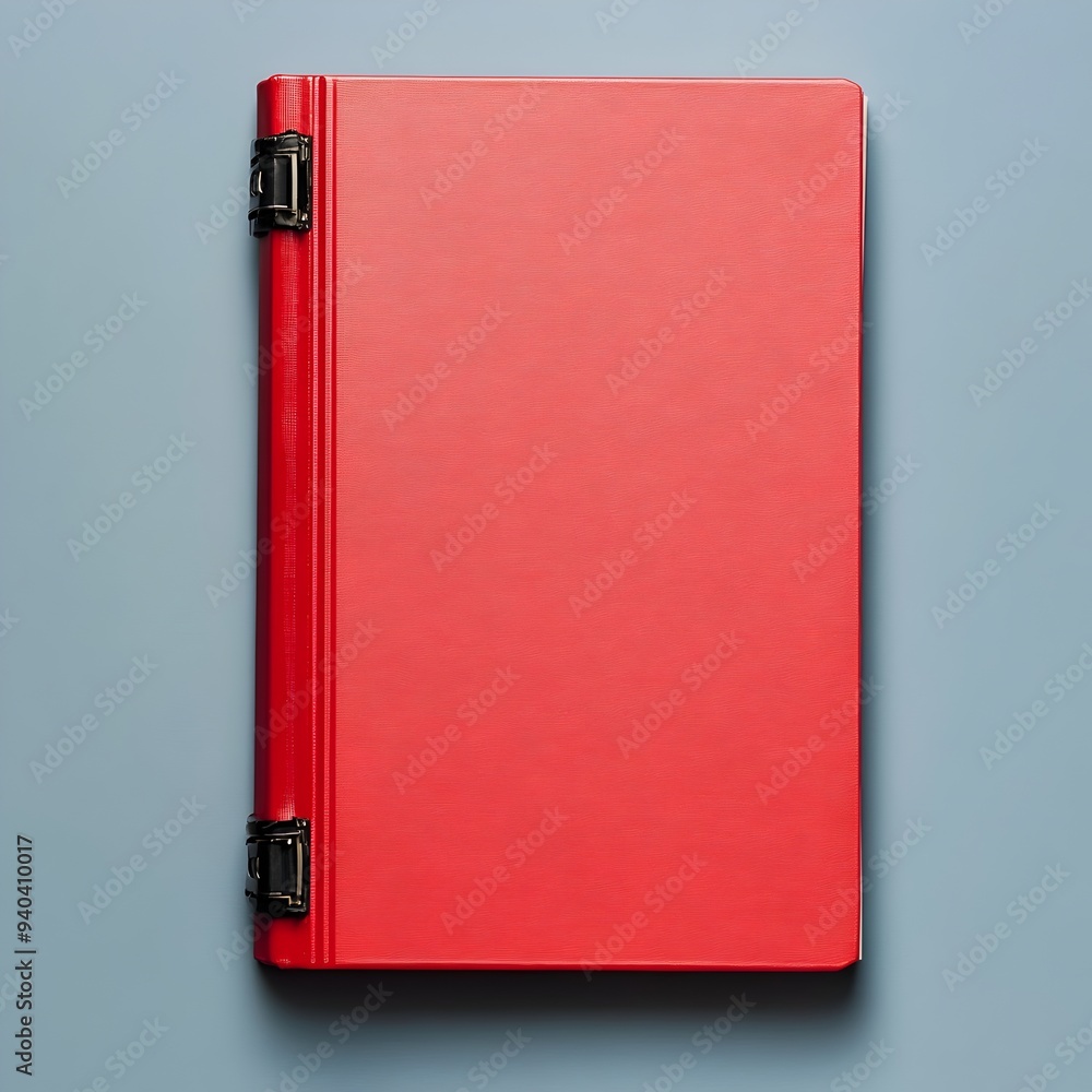Poster a minimalist and organized photograph showcasing a solitary red binder lying flat on a plain isolate