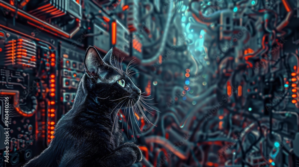 Aufkleber innovative digital artwork of a diligent cat hard at work, rendered by neural network technology, se