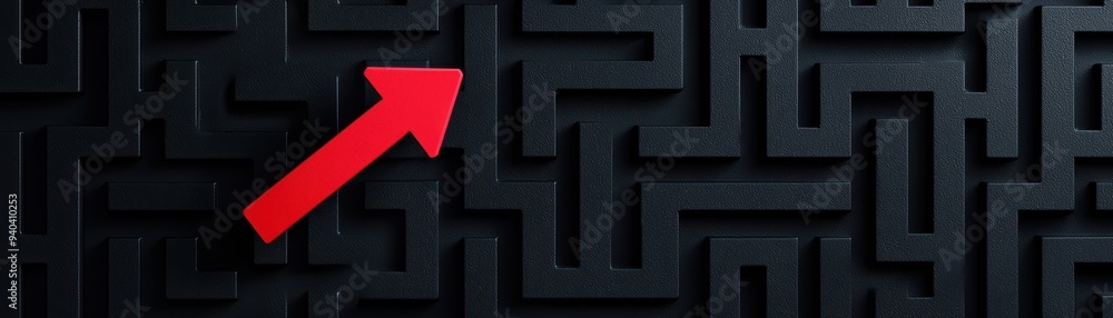 Poster a red arrow navigating a dark maze, symbolizing direction and guidance through complex challenges.
