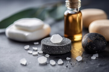 A Spa Stone Beauty Treatment with Essential Oils and sea salts. generative ai.