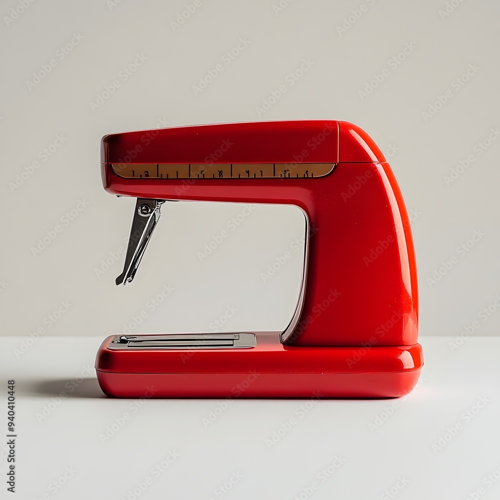 Poster A striking and minimalist photograph showcasing a solitary red stapler prominently placed at the center of a pristine white surface highlighting its simple yet elegant design and commanding attention