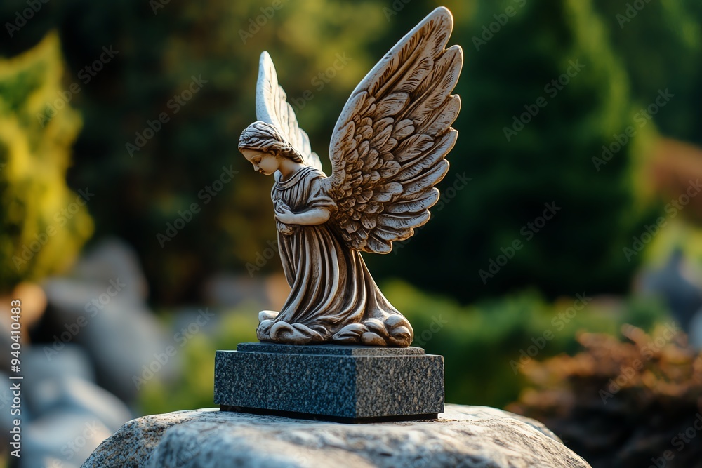 Poster a tombstone with a small angel sculpture on top, standing in a quiet, secluded graveyard, with soft 