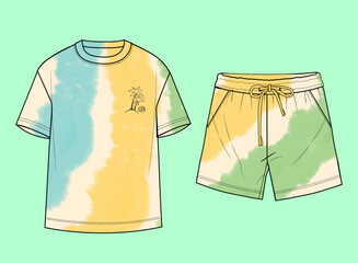 Boys round neck tie dye summer wash t-shirt and shorts flat sketch outline vector fashion illustration template.