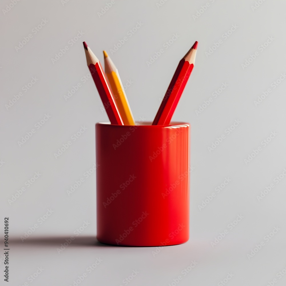 Poster a vibrant red pencil cup placed at the center of a plain surface creating a simple and modern still 