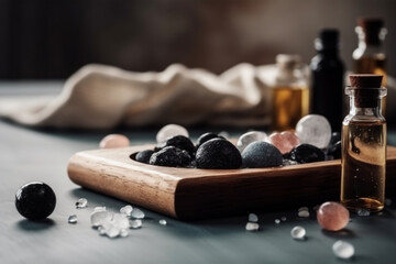 A Spa Stone Beauty Treatment with Essential Oils and sea salts. generative ai.
