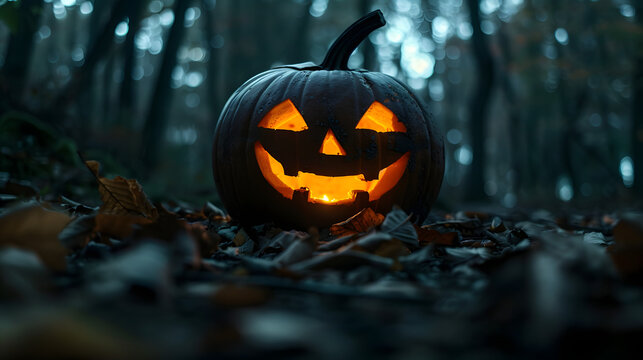 A glowing jack-o'-lantern with a wide, cheerful smile, sitting among fallen leaves in a dark, misty forest, creating a mix of warmth and spookiness for Halloween.