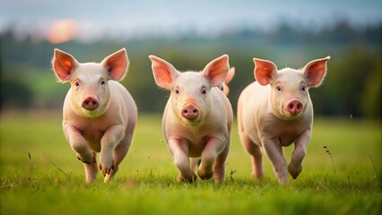 Three pigs running in a field, pigs, animals, farm, cute, running, fast, playful, outdoors, nature, motion