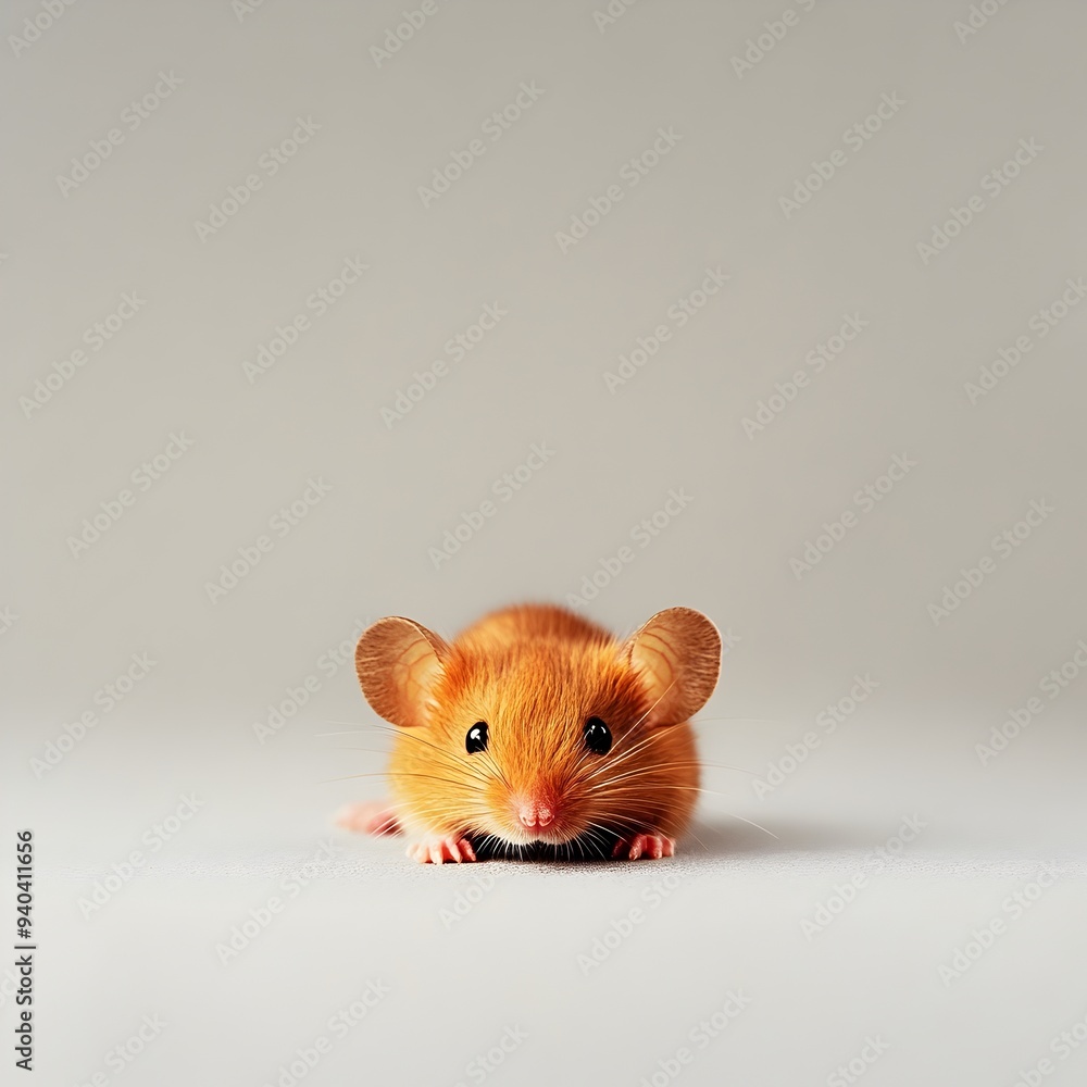 Poster Closeup Shot of a Cute Little Red Mouse Lying Flat and Isolated on a Simple Light colored Surface in a Minimalist Studio Setting